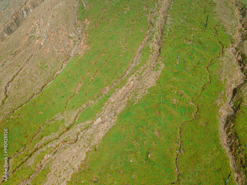 Aerial drone view of green savanna near Mount Sinabung at Berastagi in North Sumatra, Indonesia.