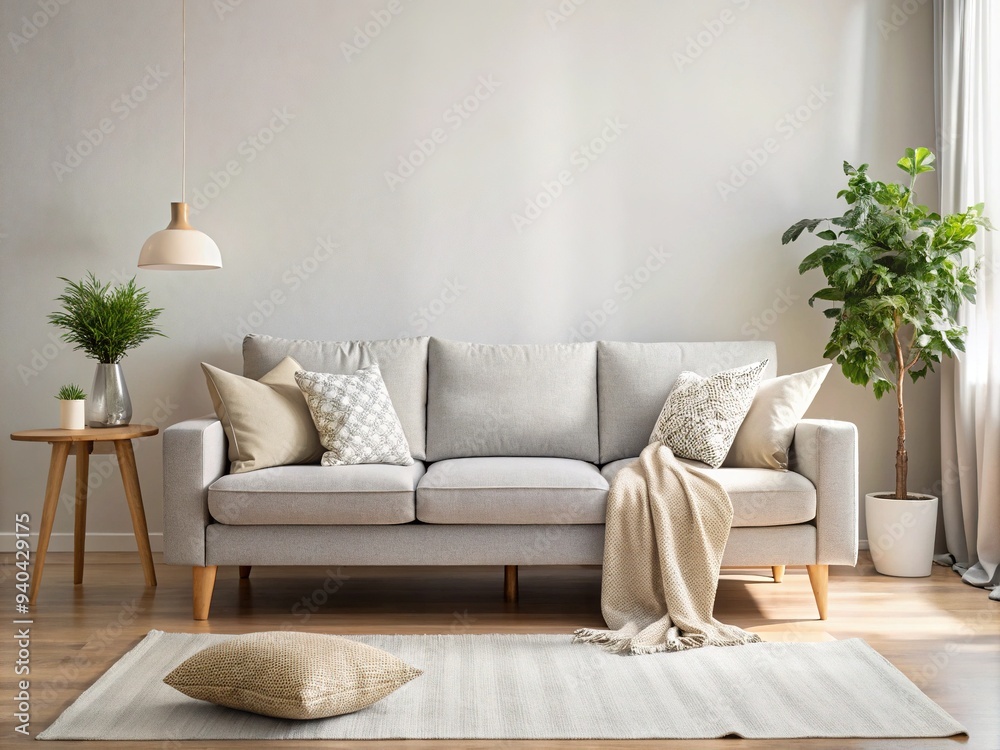 Freshly vacuumed and dust-free, a spotless light gray couch with crisp white pillows and a few neatly arranged throw blankets in a serene living room. Freshly vacuumed and dust-free, a spotless light gray couch with crisp white pillows and a few neatly arranged throw blankets in a serene living room.