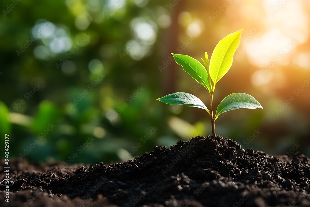 Green Sprout Growing in Soil with Sunlight Green Sprout Growing in Soil with Sunlight