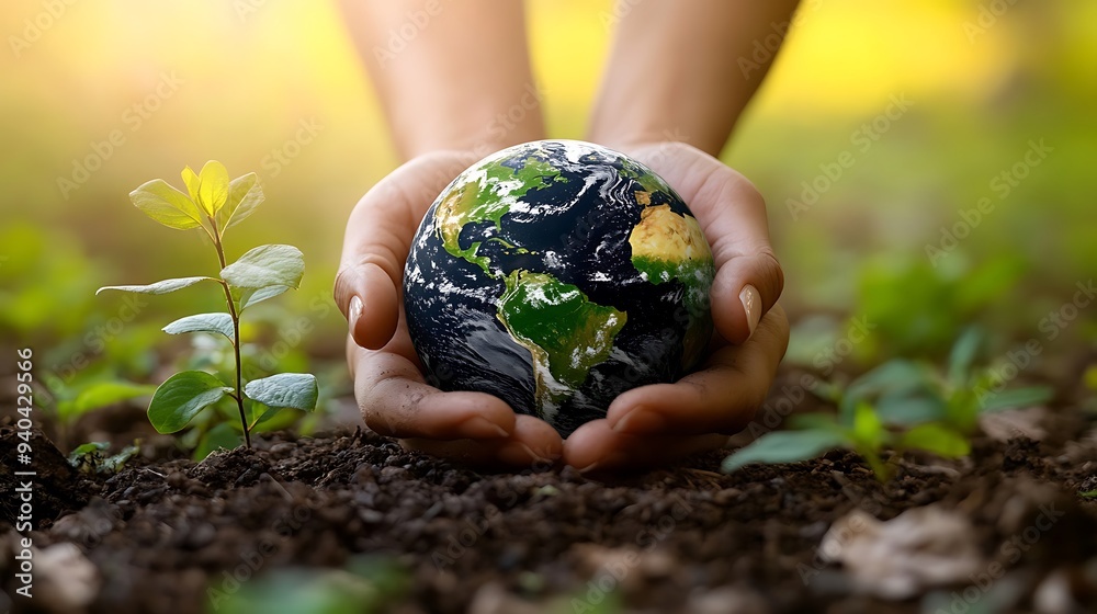 Protecting Our Planet: Hands Holding Earth Globe in Soil Protecting Our Planet: Hands Holding Earth Globe in Soil