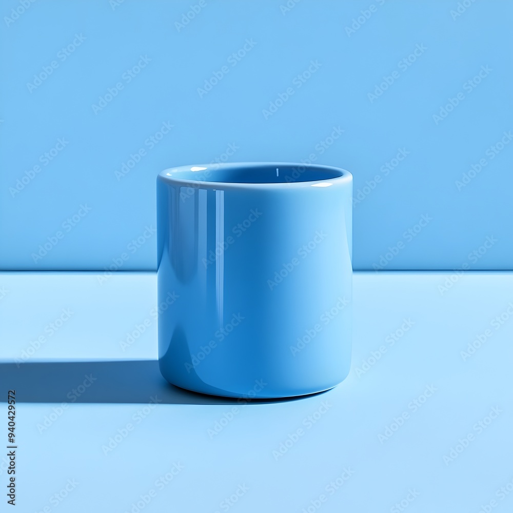 A striking and minimalist image featuring a vibrant blue pencil cup placed at the center of a plain neutral colored surface A striking and minimalist image featuring a vibrant blue pencil cup placed at the center of a plain neutral colored surface