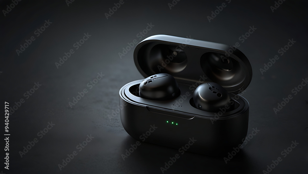 A realistic 3D render of a pair of wireless earbuds, showcased inside their charging case, with the lid slightly open. The product is displayed on a smooth, matte black surface , blurred background