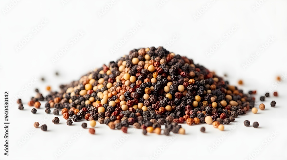 53. A pile of mustard and pepper seeds on a plain white surface 53. A pile of mustard and pepper seeds on a plain white surface