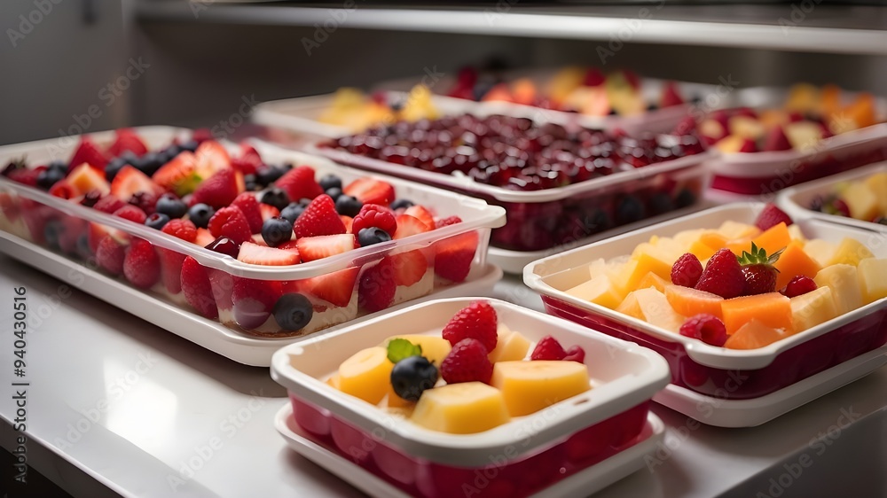 Desserts in various amounts featuring fruit and jelly are prepared for delivery. Desserts in various amounts featuring fruit and jelly are prepared for delivery.