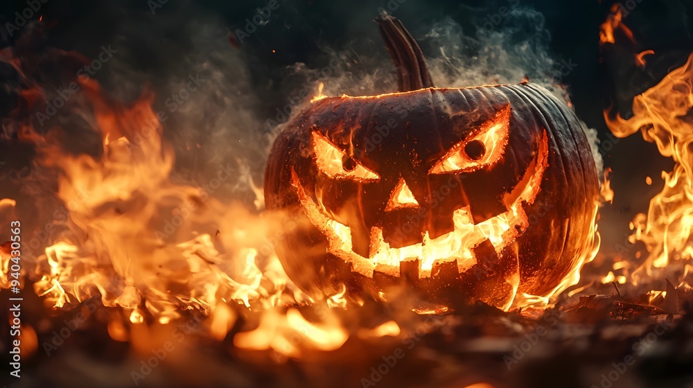 Eerie glowing Halloween pumpkin surrounded by flames. Eerie glowing Halloween pumpkin surrounded by flames.