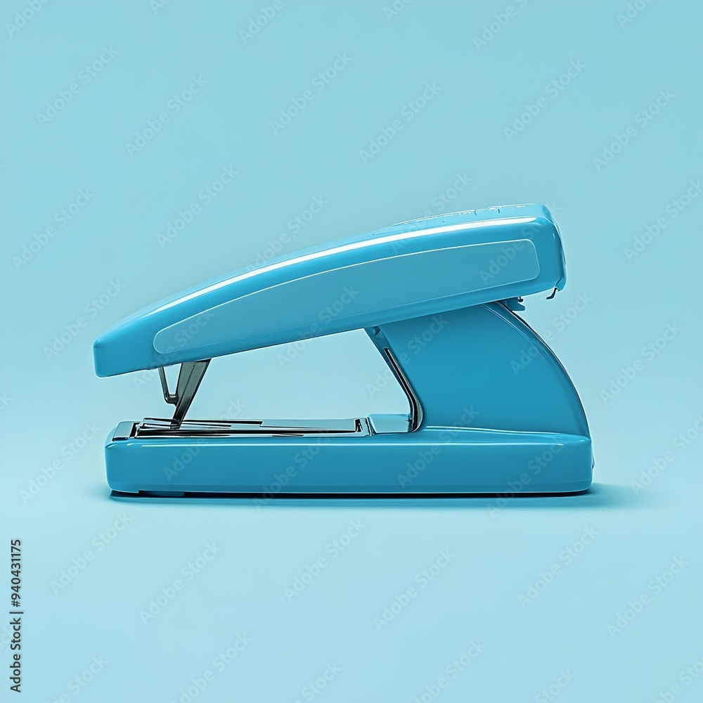 A minimalist and modern photograph showcasing a sleek blue stapler placed at the center of a clean and organized workspace highlighting its essential role in a professional setting A minimalist and modern photograph showcasing a sleek blue stapler placed at the center of a clean and organized workspace highlighting its essential role in a professional setting