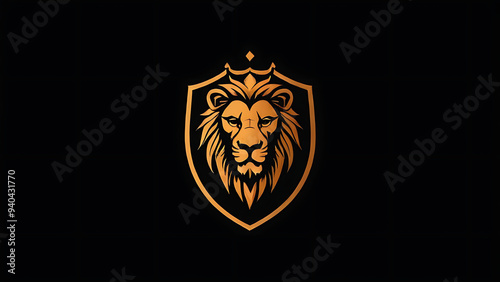 Minimalistic logo of a lion with a crown on a shield.vector illustration on a black background photo