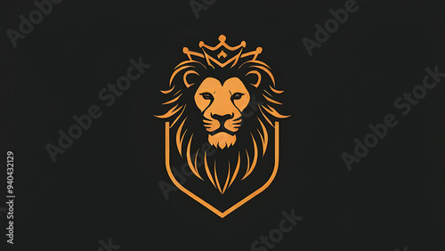 Minimalistic logo of a lion with a crown on a shield.vector illustration on a black background photo