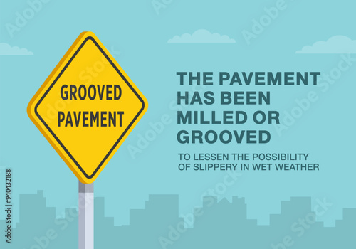 Safe driving tips and traffic regulation rules. Close-up of United States "grooved pavement" sign. Pavement has been milled or grooved. Flat vector illustration template.