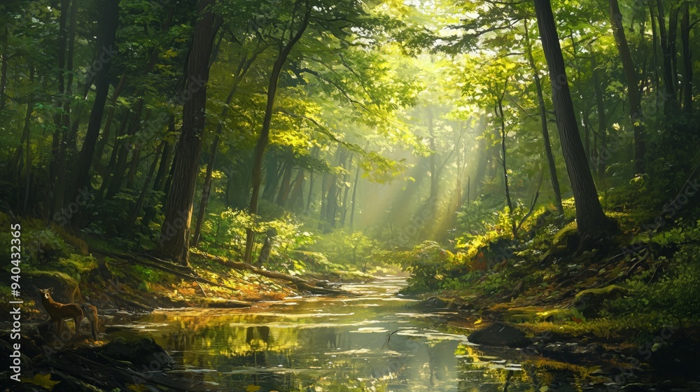 Obraz premium A tranquil forest scene with dappled sunlight, a stream, and a deer invites nature's beauty.