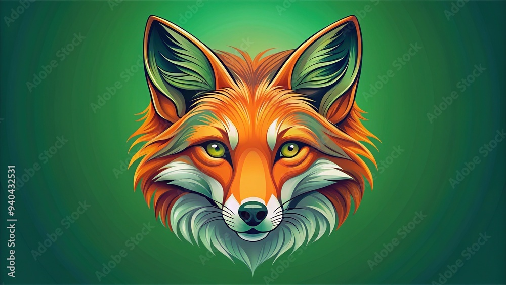 Fototapeta premium Illustration of a majestic fox's head in modern vector style, featuring sharp lines, vibrant orange fur, and piercing green eyes with a subtle gradient background.