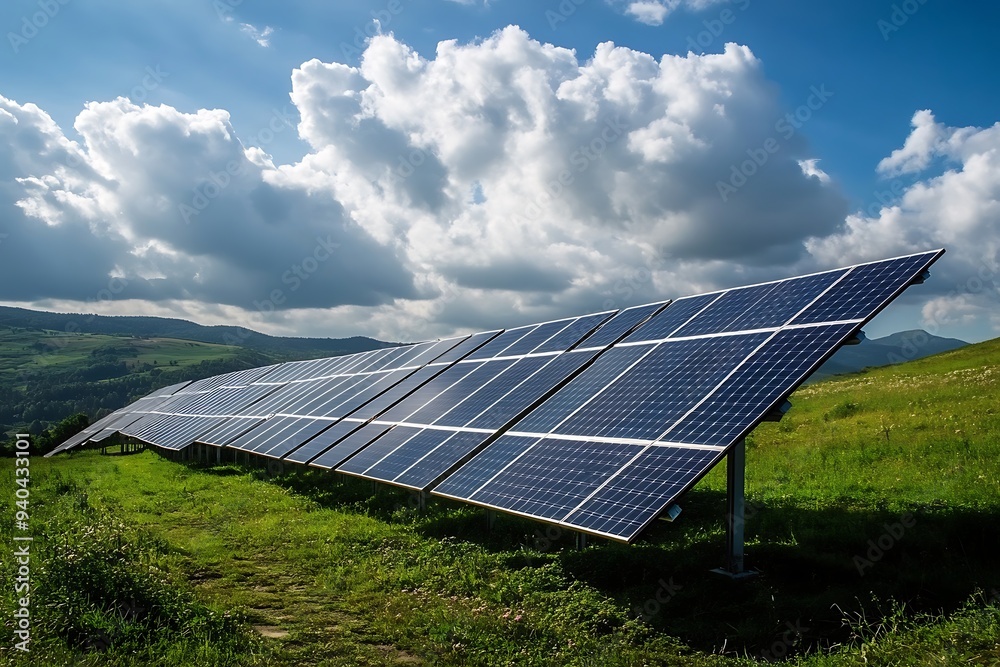 Solar Panels in a Field with Cloudy Sky Solar Panels in a Field with Cloudy Sky