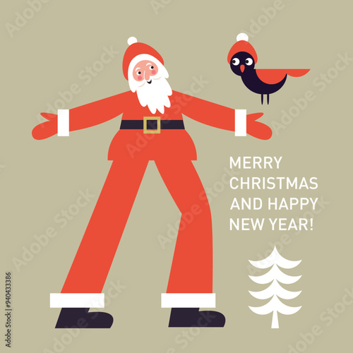 Christmas Card, Seasons greetings theme, cute Santa and bird, vector illustration in minimalist style
