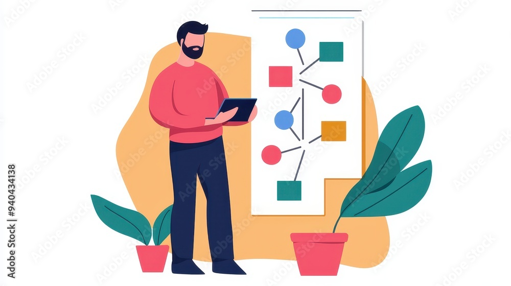 A man analyzes a flowchart on a digital tablet, surrounded by plants, representing data visualization and business planning. A man analyzes a flowchart on a digital tablet, surrounded by plants, representing data visualization and business planning.