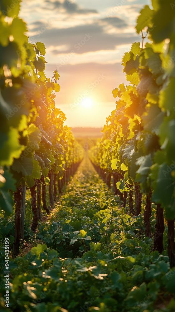 Fototapeta premium Bright Vineyard with Green Grass