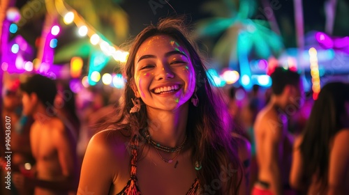 a young woman enjoying herself at a Full Moon Party in Pattaya. She is surrounded by the energetic crowd, with neon lights and glowing body paint visible on her and others.