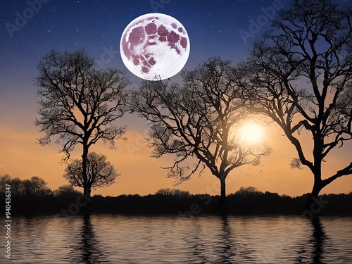 An image of glowing full moon behind silhouetted trees during sunset