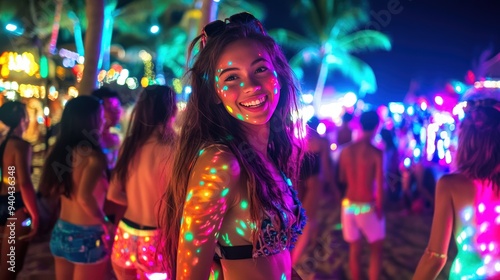 a young woman enjoying herself at a Full Moon Party in Pattaya. She is surrounded by the energetic crowd, with neon lights and glowing body paint visible on her and others.