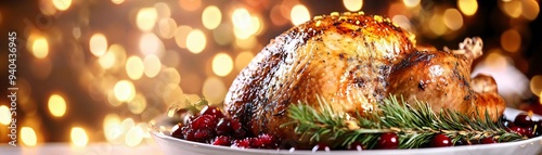 A beautifully roasted turkey garnished with herbs and cranberries, perfect for festive celebrations and holiday feasts. photo