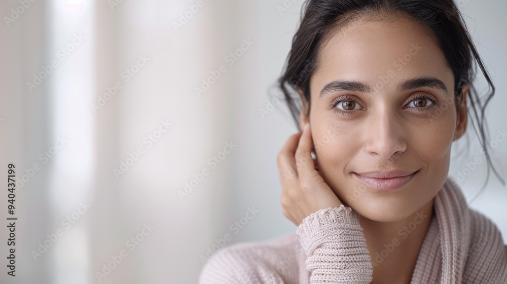 Beautiful India woman with clean fresh skin on soft-focus background, hand on face. Beautiful India woman with clean fresh skin on soft-focus background, hand on face.