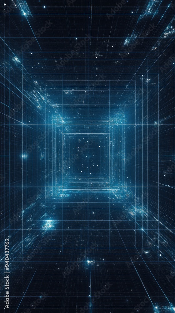 Futuristic digital tunnel with glowing blue lights and grid patterns, creating a sense of depth and immersion in technology. Futuristic digital tunnel with glowing blue lights and grid patterns, creating a sense of depth and immersion in technology.