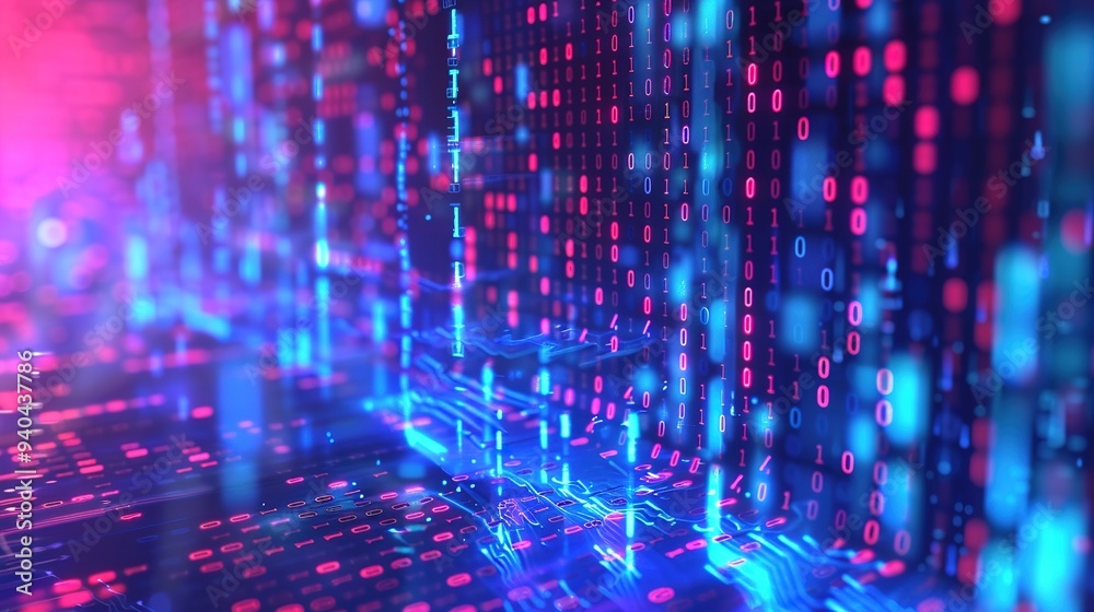 Fototapeta premium Abstract digital background with binary code and ai computations: a captivating visual representation showcasing the intricate interplay of technological advancement and digital innovation