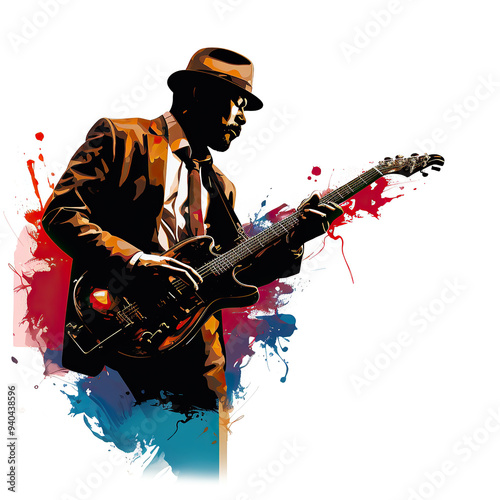generated illustration painting of African American jazz musician blues club guitarist.