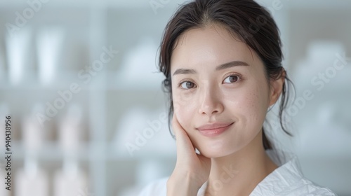 Beautiful Korean woman with clean fresh skin on soft-focus background, hand on face. Free Download Beautiful Korean woman with clean fresh skin on soft-focus background, hand on face. - GFXLoad