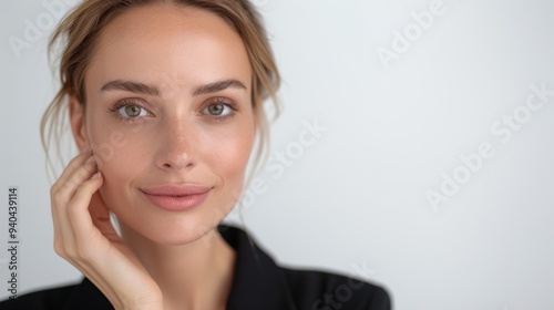 Beautiful Korean woman with clean fresh skin on soft-focus background, hand on face.