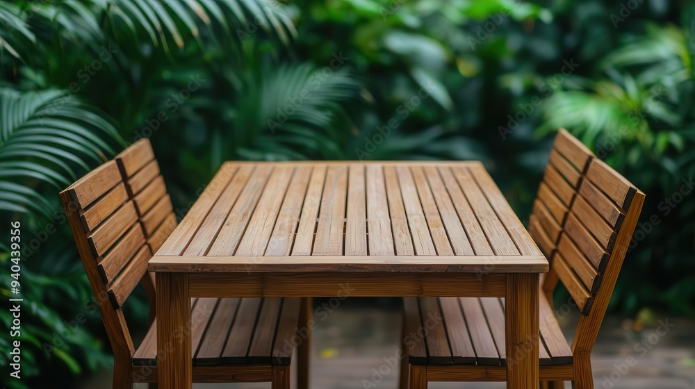 A beautiful wooden table with two chairs surrounded by lush green foliage, perfect for outdoor dining and relaxation. A beautiful wooden table with two chairs surrounded by lush green foliage, perfect for outdoor dining and relaxation.