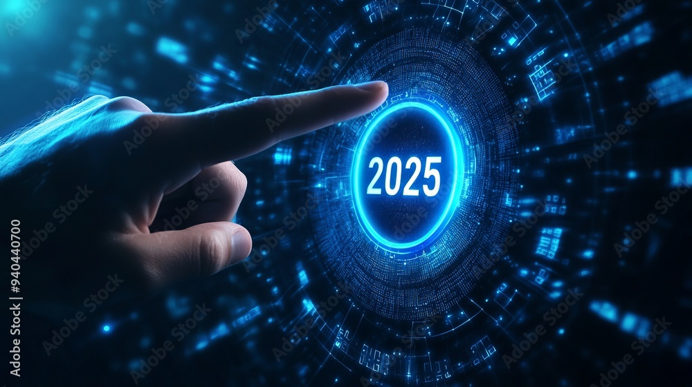 Finger is pressing the button where is written 2025 blue digital