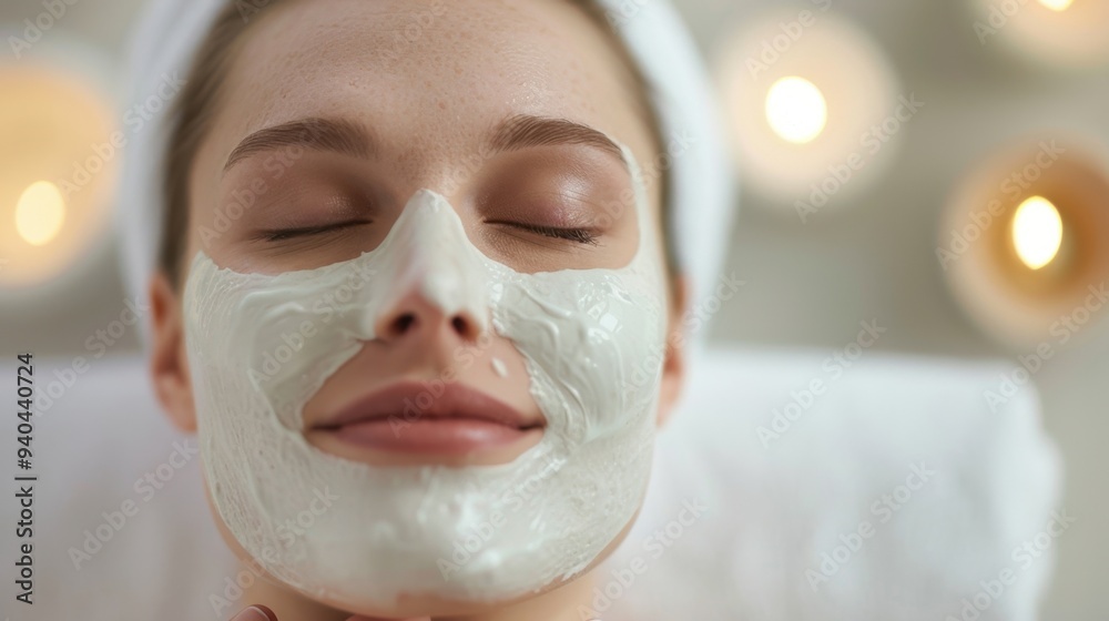 Elegant woman applying hydrating face mask, soft-focus spa room with tranquil music playing. Elegant woman applying hydrating face mask, soft-focus spa room with tranquil music playing.
