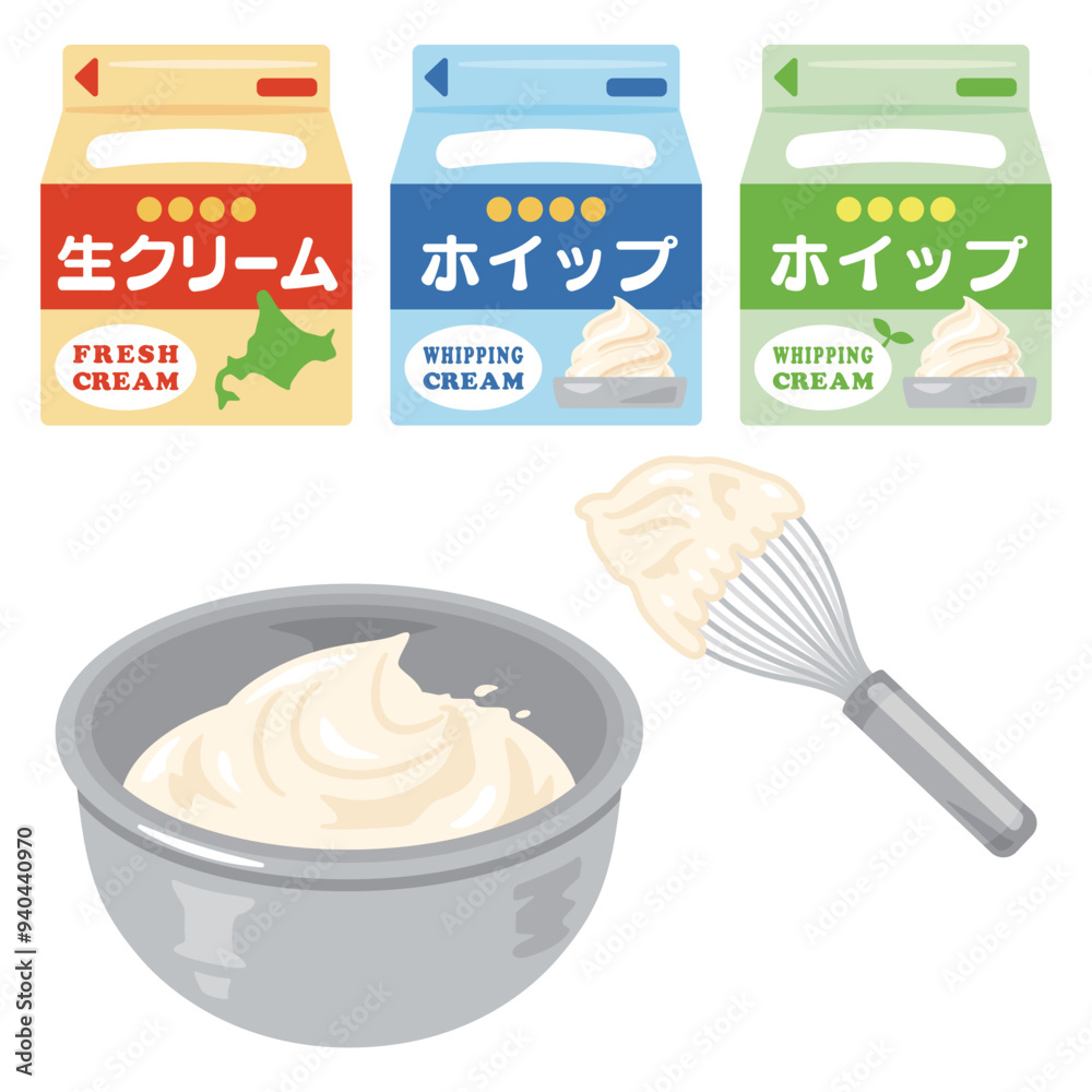 Φωτογραφία 紙パックに入った生クリームとボウルで泡立てられたクリーム