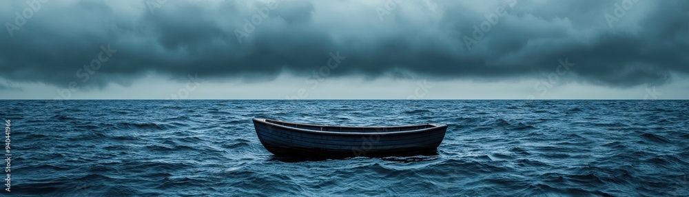 Naklejka premium A solitary boat floats on serene water beneath a moody sky, evoking feelings of calmness and introspection.