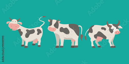 Three Cows Roaming in Lush Green Field at Dusk