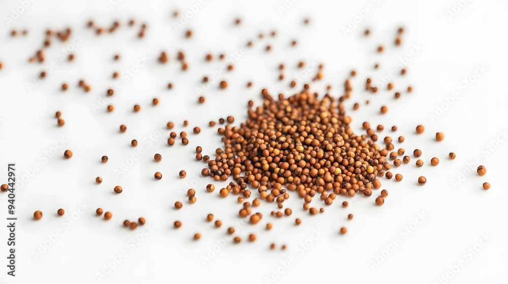 16. A handful of mustard seeds scattered across a white surface 16. A handful of mustard seeds scattered across a white surface
