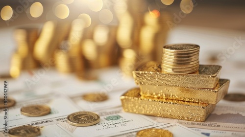 Closeup image of certificate and gold bullion representing the concept of investment tangible and intangible financial assets with a deep depth of field