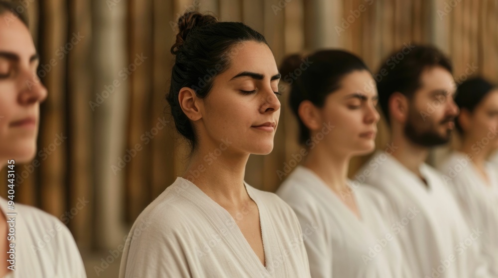 Group meditation practice conducted in a serene tranquil temple setting promoting collective spiritual a sense of communal harmony
