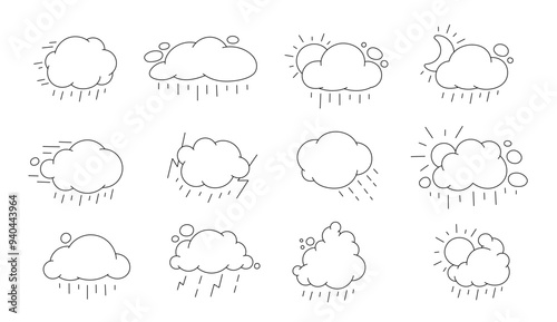 Bad weather rain and thunderstorms illustration. Set of meteorology icons. Vector editable outline stroke.