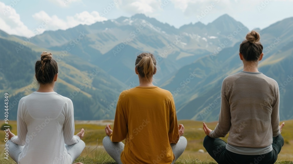 Fototapeta premium Retreat Participants Meditating in a Serene Mountain Setting for Deep Spiritual Journey and Introspective Awakening in Nature s Tranquility