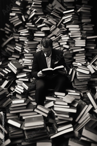 A man engrossed in reading among a towering sea of books, capturing the essence of literature and knowledge. photo