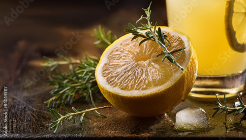 A slice of lemon is on a table next to a glass of lemonade photo