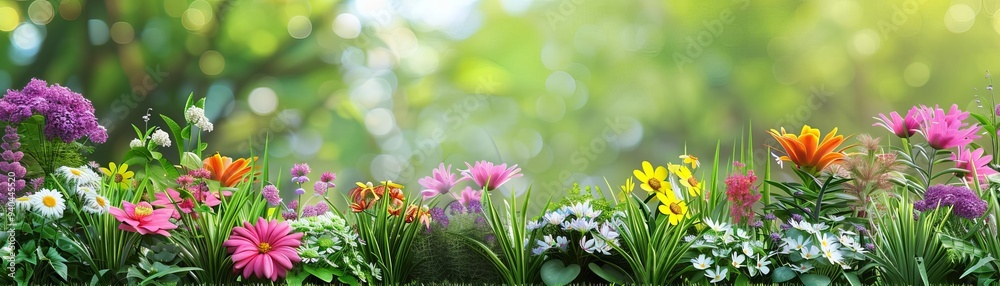 Fototapeta premium Lush garden filled with blooming flowers, spring garden