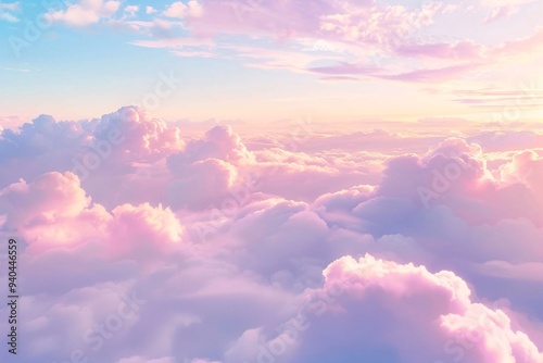 5.Ethereal atmosphere with colorful fluffy clouds, pastel sky with pink and purple hues, blue tones, sunset colors, cumulus formations, layered cloudscape, dreamy skyscape, vibrant cotton candy