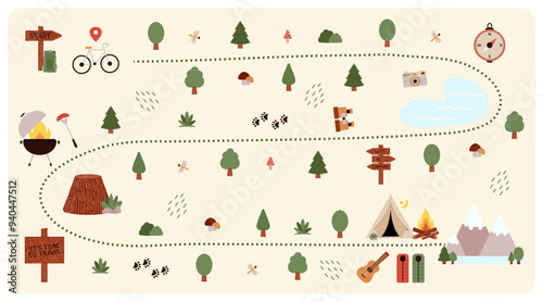 Camping and Hiking map creator. Set of flat elements for creating childrens camp activity. Nature plan with mountains, bike, trees and other icons for summer trip. Vector illustration