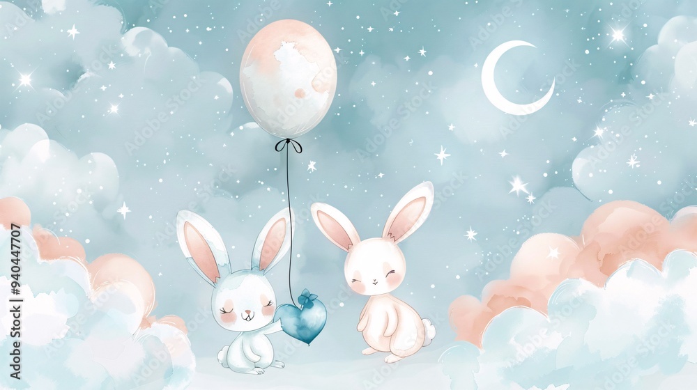 Obraz premium 2.Adorable cartoon bunnies, pastel blue and peach colors, heart-shaped balloons, fluffy clouds, crescent moon, stars, soft watercolor texture, baby nursery illustration, kawaii style, bunny holding
