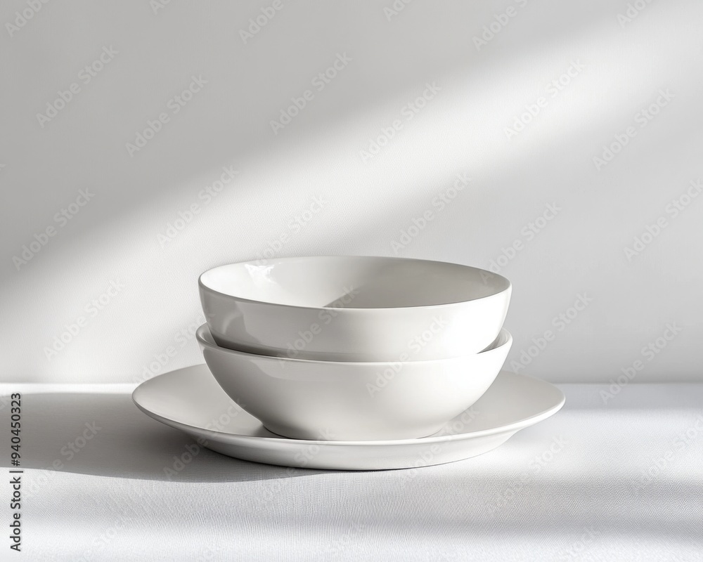 Minimalist Designer Composition Featuring a Bowl and Plate, with White Background, Embodying the Essence of Minimalist Aesthetics Minimalist Designer Composition Featuring a Bowl and Plate, with White Background, Embodying the Essence of Minimalist Aesthetics