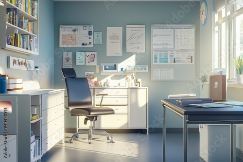 A well-lit family doctor’s office with a consultation area and medical charts. The doctor is examining a patient’s, Generative AI