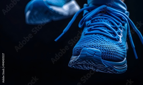 Close up view of levitation blue sneakers shoes with flying laces over black background with copy space for text. 