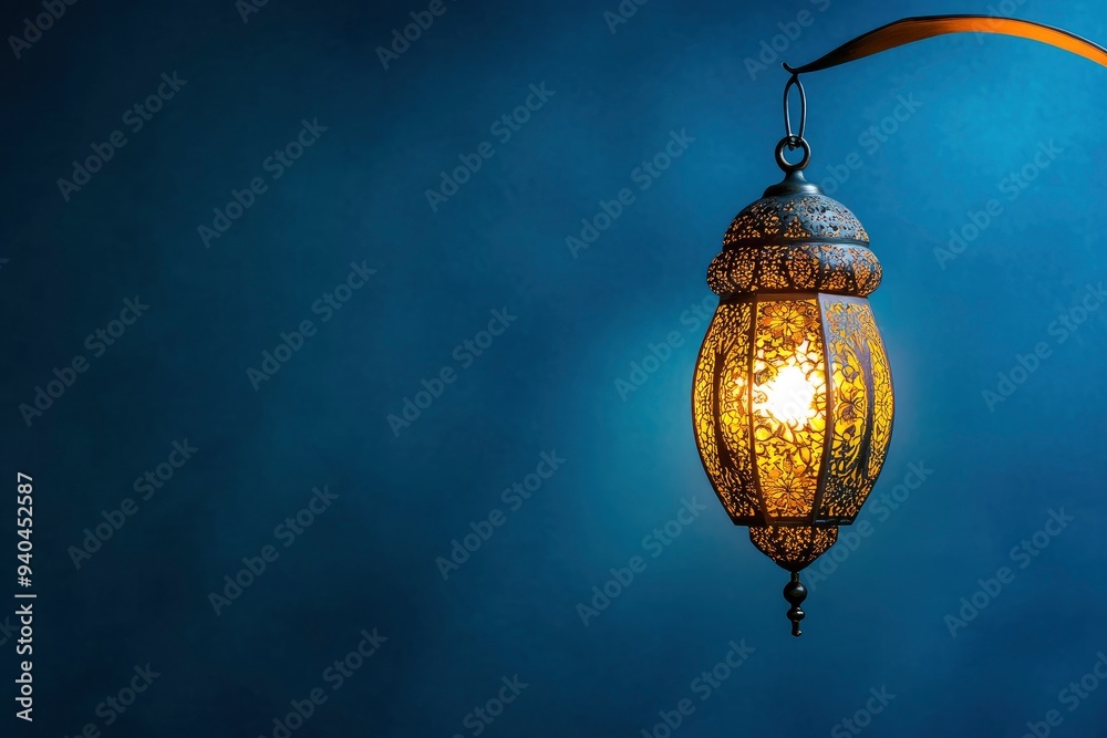 Obraz premium Ramadan background Vintage lantern lamp with crescent moon isolated on blue colour background with copy space for greeting text, 2024 Islamic festival photography, ai
